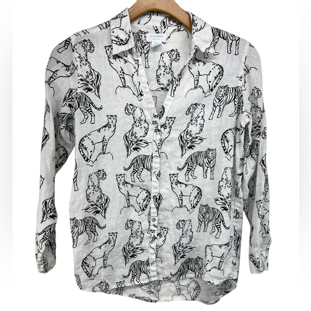 Cynthia Rowley Wild Cat Black White Linen Button Down Top Womens Medium